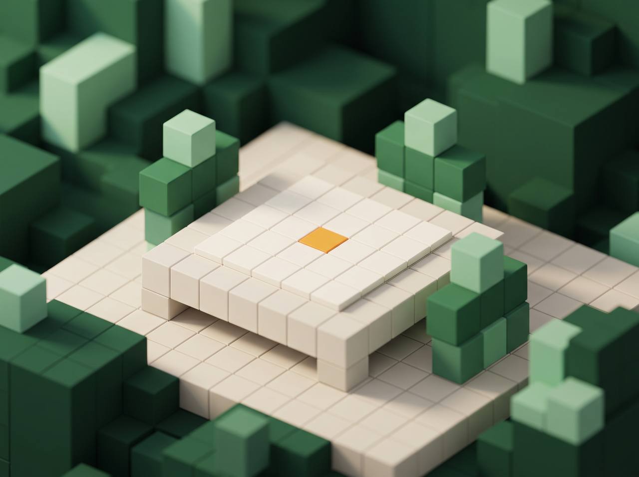 Pixel blocks arranged like a small team around a shared plan