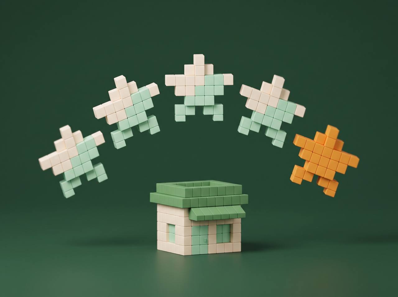 Five pixel-block stars above a small shopfront made of blocks