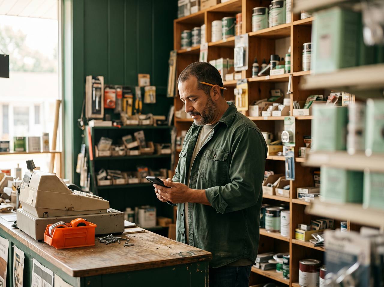 A small business owner at the counter of a US hardware store
