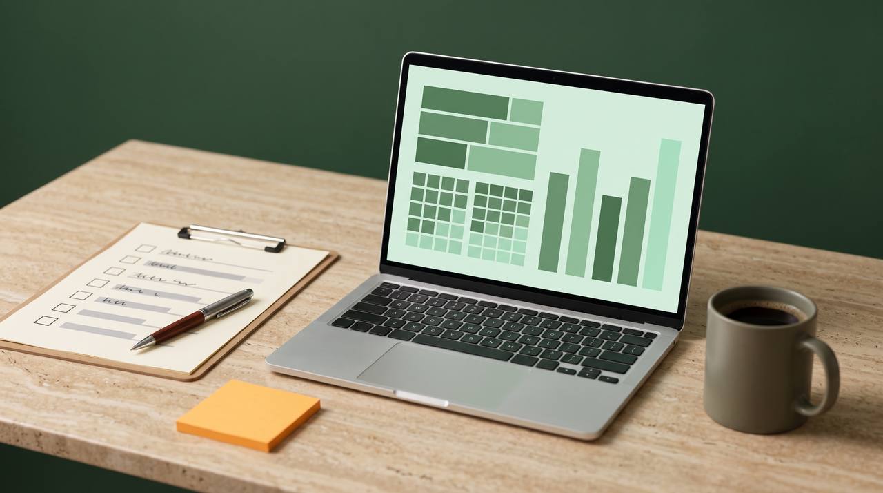 A laptop showing a simple website health report on a tidy desk