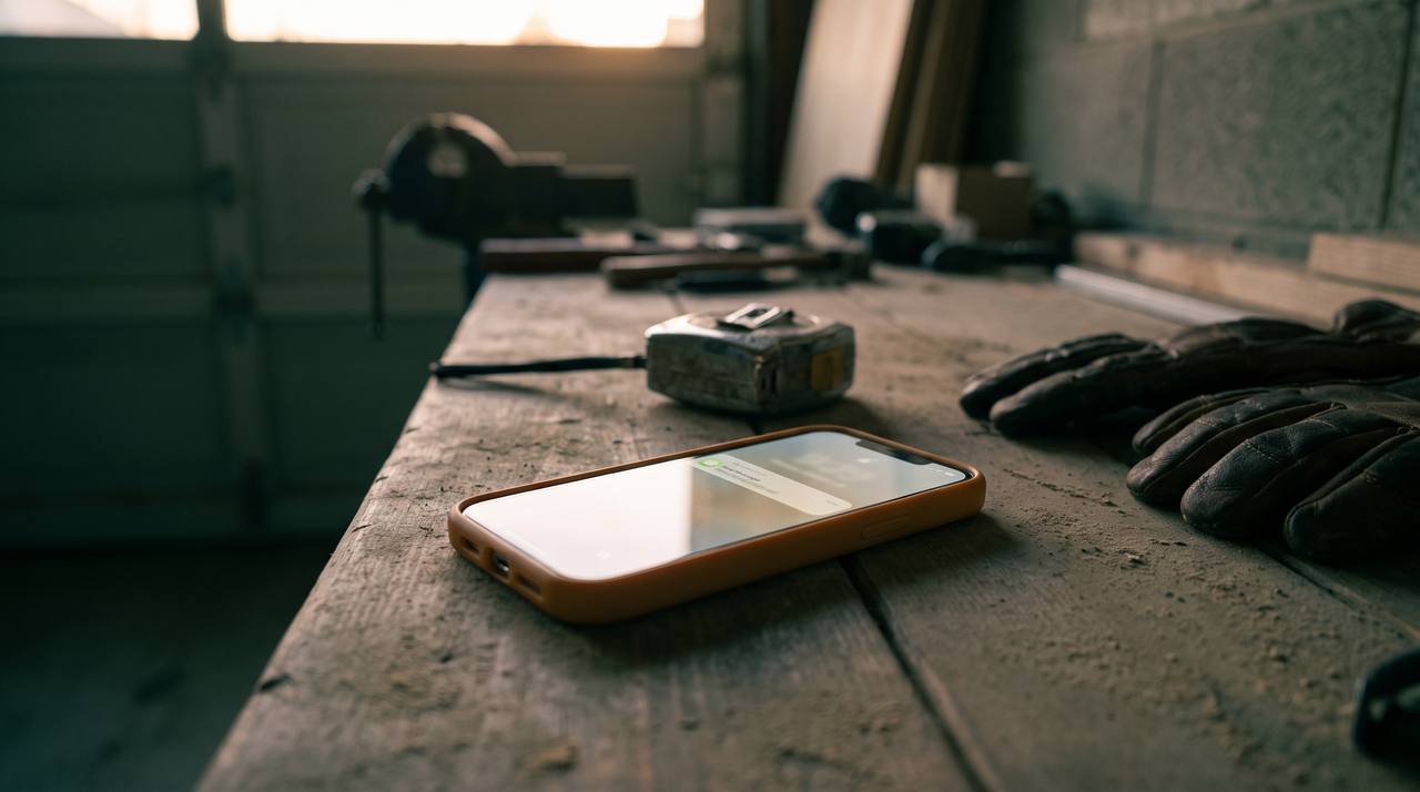 A phone on a workbench showing a new message notification