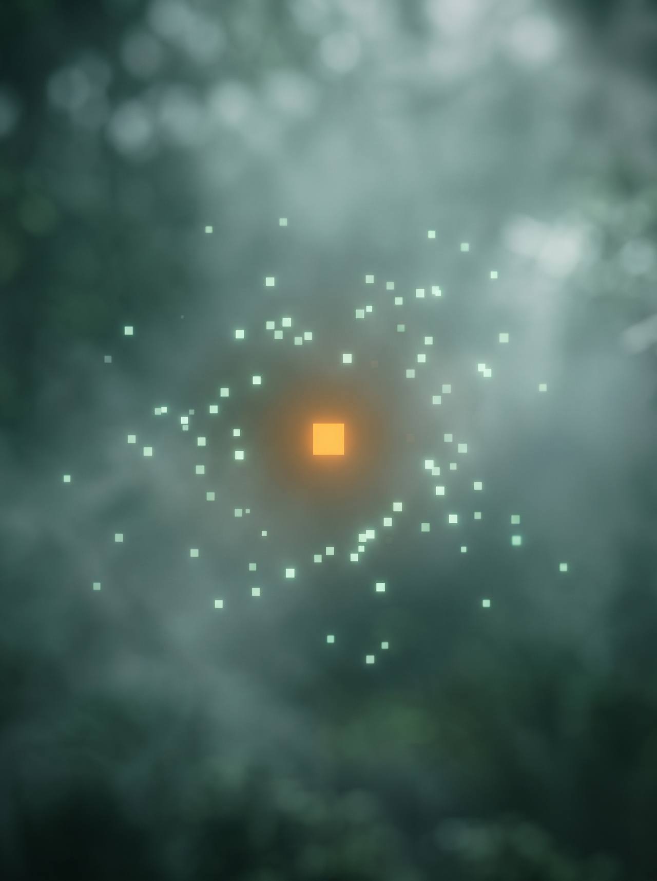 One orange pixel surrounded by mint pixels in soft green mist